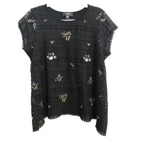 Karen Kane Womens Top Medium Black Sheer Lace Embroidered Floral Cottagecore
